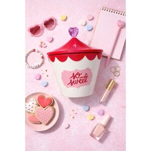 Valentine Day Heart Lid Candy Jar Treat Container Red White